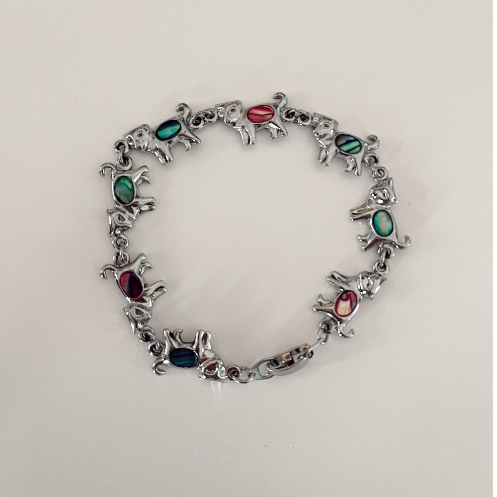 Vintage 90s Cat Charm Bracelet Abalone Jelly Belly Silver Tone